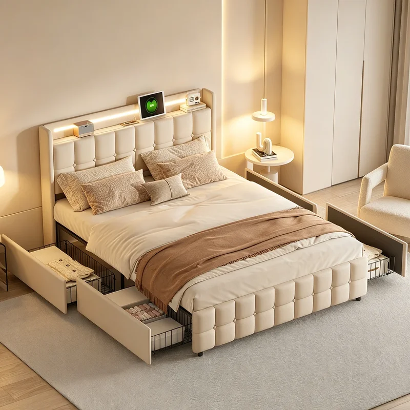 AliExpress - Bed 180x met boxspring, Dubbel gestoffeerd bed met 4 laden, bed voor 2 personen met hoofdeinde Opbergbed, LED USB, lint