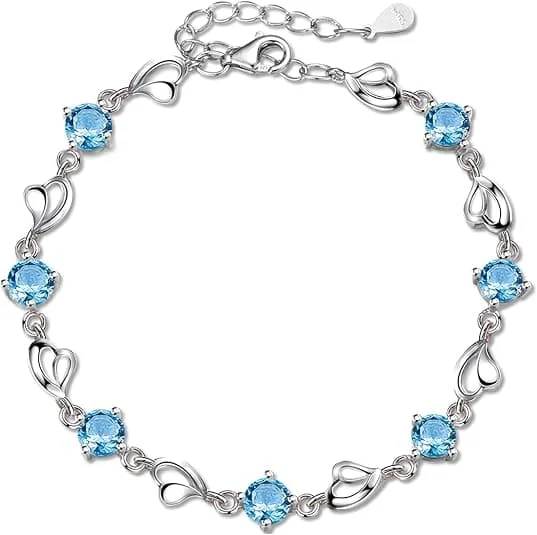 Havets Hjärta Armbånd Uendelig Kærlighed Lænke Armbånd, Fødselssten eller Helbredende Sten Kvinde Krystal Armbånd, Sølv Smykkegave til Ham, 925 Sølv