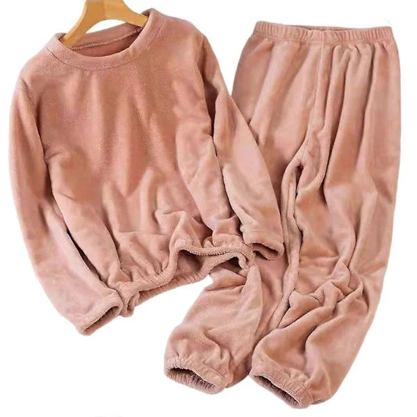 Tjock Varm Dam Pyjamas Set Enfärgad Tröja Rund Hals Pyjamas För Tjej Kvinna Älskare Mamma Peach XL