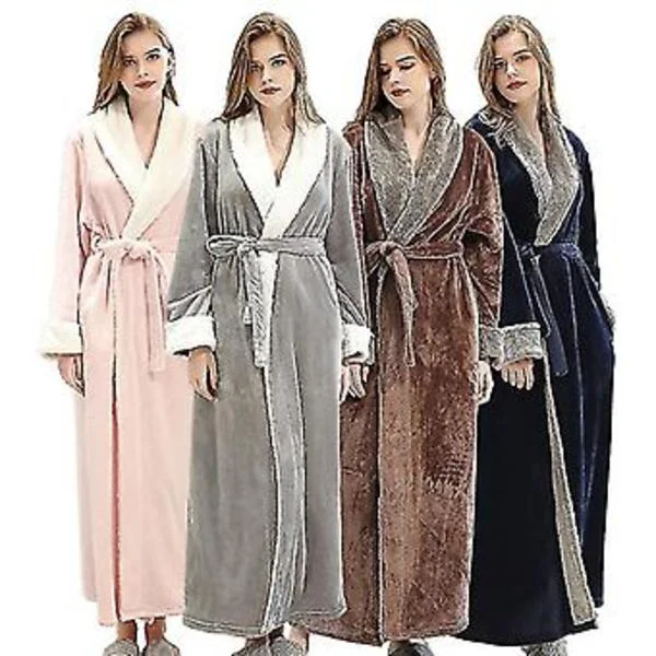 Dame Morgenkåpe Badekåpe Varm Myk Fleece Lang Kåpe Nattkjole (XL Grå)