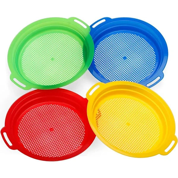 25*22*3.5CM Sand Sifter Sieves för Barn Strand Sand Leksaker, Småbarn Tung Sifter Discovery Leksak för Trädgård Gräva Fest (4PCS) röd gul blå grön