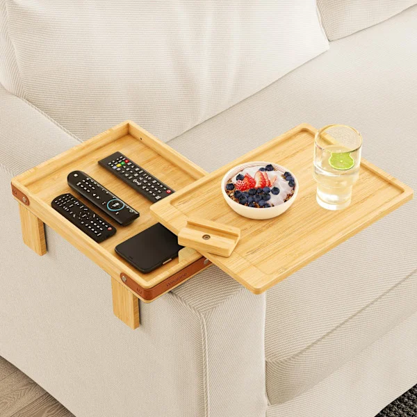 Swivel Arm Table Tray for Sofa - 2-Tier Clip-On Couch Tray with Storage Compartment - Wooden Side Table for Living Room
