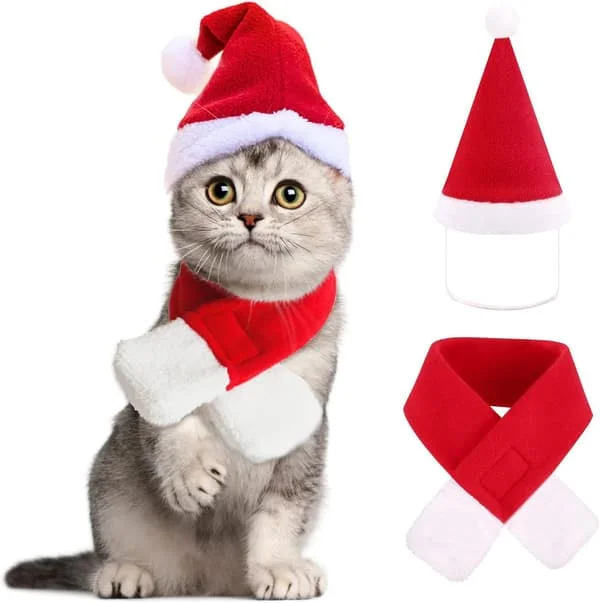 2 stk. Julenissedrakt for katt, julehatt med skjerf-FF-