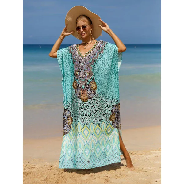 2026 Senaste Modell Kvinnor Plus Size Strand Cover-up Bohemisk Strandklänning V-ringad Fladdermusärm Robe Lös Strandklänning Baddräkts Cover-up