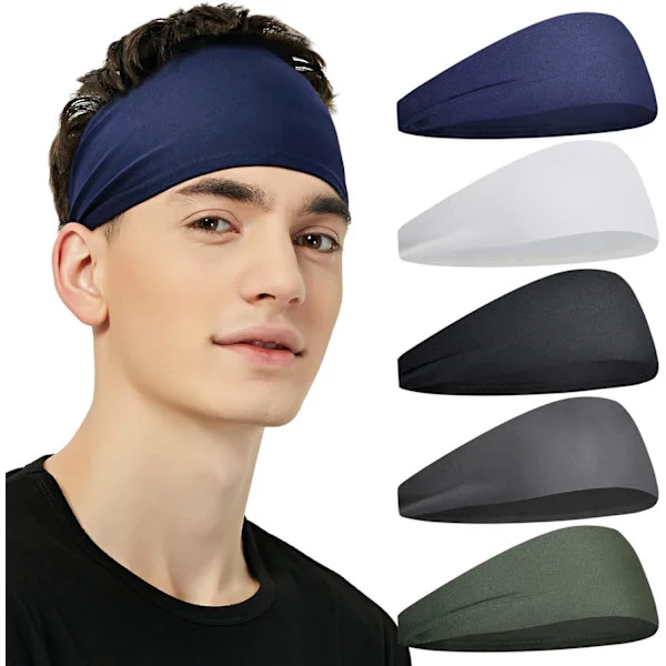 Men's Sports Headbands (5-Pack), Moisture-Wicking Headbands for Workout, Sweatbands for Running, Cycling, Football, Yoga, Hairband
