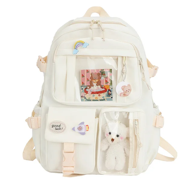 Kawaii Ryggsekk, Stor Kapasitet Søt Bjørn Tilbehør Ryggsekk For Skolen Multi Lomme Kawaii Håndveske Japansk Skoleveske For Tenåringsjenter Hvit