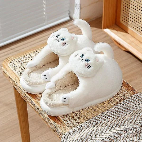 Cute Cat Women's Slippers Winter Home Indoor Floor Slippers Shoes Furry Slippers For Women Winter Warm Cotton Slippers Cat Lovers White 42-43(fit41-42