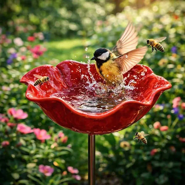 Fågelbadkar i metall med blommönster, handgjorda trädgårdssparvbadkar, tåliga fågelbadkar och insektsmatare, trädgårds- och uteplatsbi-bad