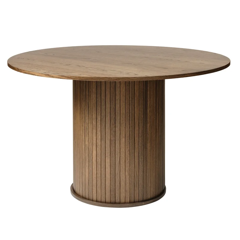 Nola Esstisch, Ø120cm, Rund, Geräuchert, Modernes Lamellen-Design, Stilvoller Säulenfuß, Hochwertiger Esszimmertisch für Ihr Zuhause, Braun.