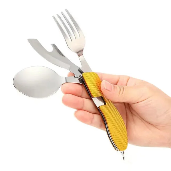 #L'or Aftageligt Camping Bestik Sæt 4 i 1 Gaffel Ske Flaskeåbner Rustfrit Stål Bærbar Rejse Bestik Sæt#