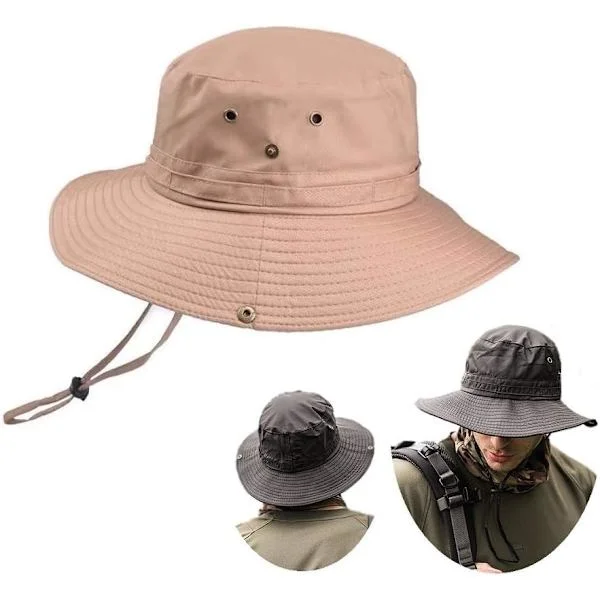 Super Bredde Solhatter for Menn Utendørs Fiske Bucket Boonie Hat Vanntett Pustende Mesh Caps for Vandring Reise Camping Hagearbeid & Båtsport Khak