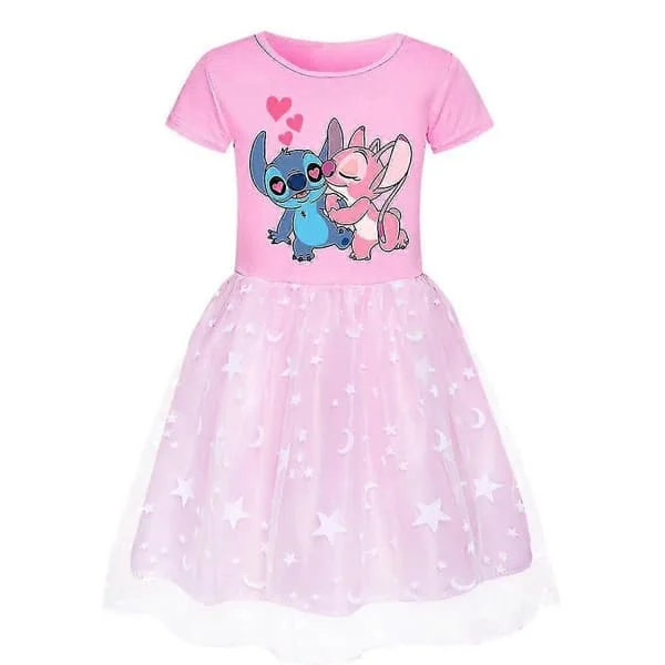 Barn Jenter Lilo & Stitch Tegneserie Trykk Kjole Tyllskjørt Bursdagsfest Cosplay Fancy Kjole Rosa[GKS] Rosa 5-6 År