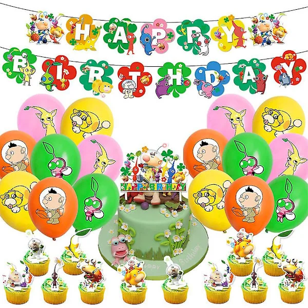 Pikmin Tema Børnefødselsdag Dekorationssæt Inkluderer Banner Balloner Kit Kage Cupcake Toppers (FMY)