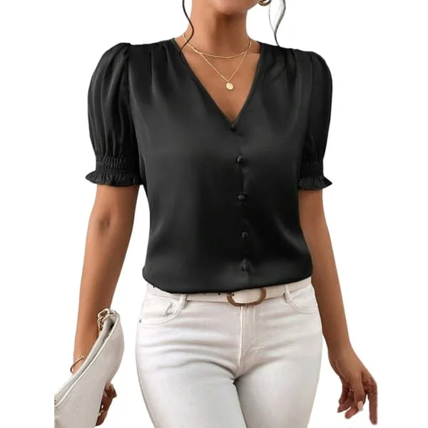 Damebluser Pyntelig Uformell Sateng V-hals Kortermede Skjorter Business Casual Topper for Kvinner