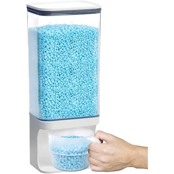 Vasketøjsdispenser, beholder med kop, 1500 ml, korn dispenser, egnet til vasketøjskugler, vaskepulver