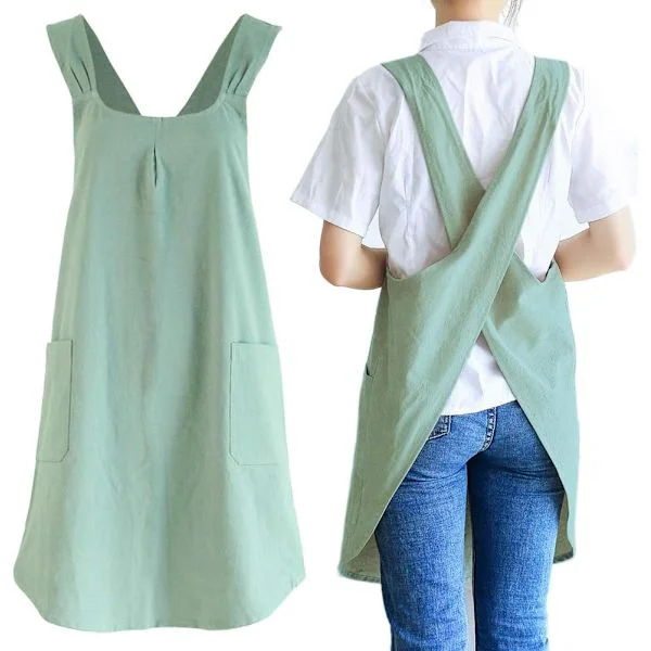 Japanese Linen Cross Back Aprons for Kitchen Cooking Men with Pockets for Baking Painting Gardening Cleaning Light Green