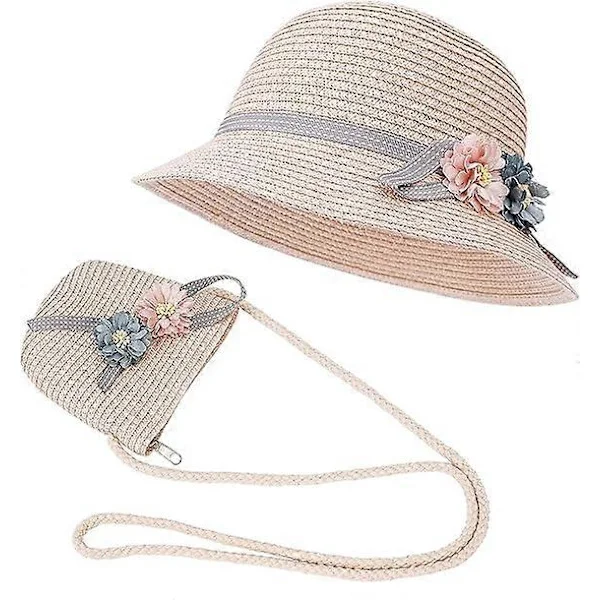 Solhat Sommer Strand Stråhatte og Mini Søde Pung Sæt med Blomster Dekoration til Udendørs Aktiviteter