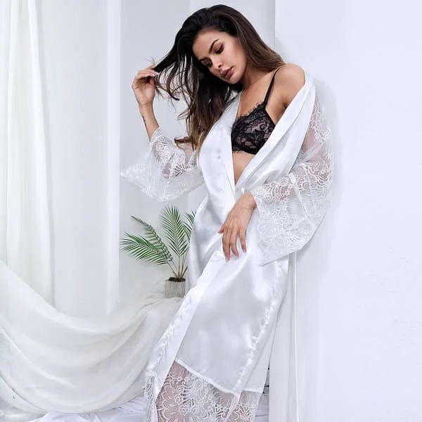 L, Kimono Badekåper Lang Silke Satin Svart Kimono Badekåpe