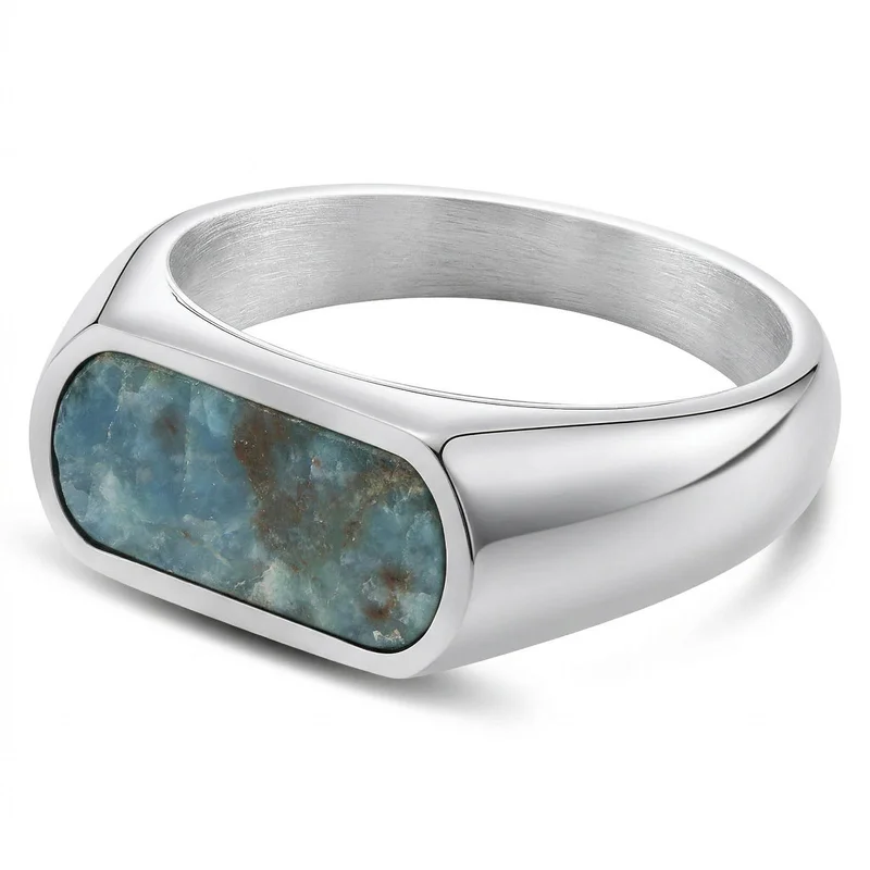 Orisun | Silver-Tone Stainless Steel Apatite Stone Signet Ring for Men - Signet rings