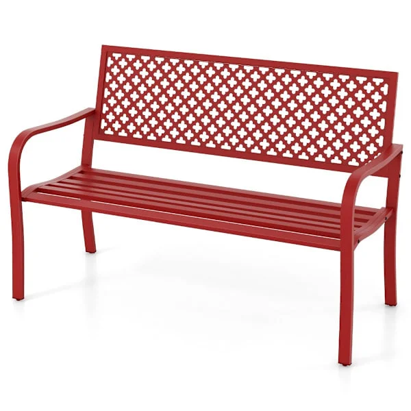 Puutarhapenkki metallinen säänkestävä penkki 2-3 istuttavalle puistonpenkille selkänojalla ja käsinojalla 127 x 62 x 86 cm punainen