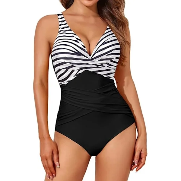 Women's Shapewear Swimsuit, Slim One-Piece Swimsuit, Retro Ruched Push-Up, Vintage Padded Black Striped Top L L L{ROG}