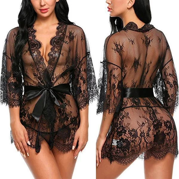 Blondekimono til kvinder Transparent Morgenkåbe Sexet lingeri Nattøj Sort 3XL Sort 3XL