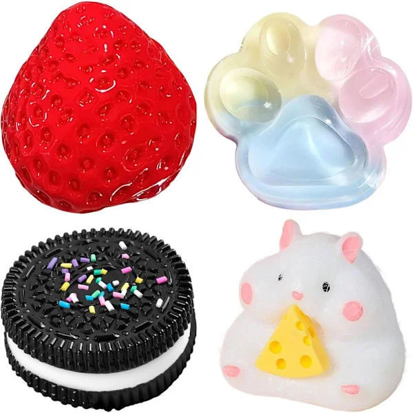 4 st Taba Squishy Set, Strawberry + Hamster + Cat Paw + Hamster + Oreo, Fufu Squishy Squishe Toy Squishies Stress Relief