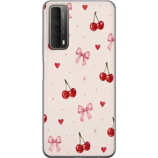 Yhteensopiva Puhelinkuori Huawei P smart 2021 Suloinen kuvio punaisilla kirsikoilla, vaaleanpunaisilla ruseteilla ja sydämillä romanttisessa vesiväri