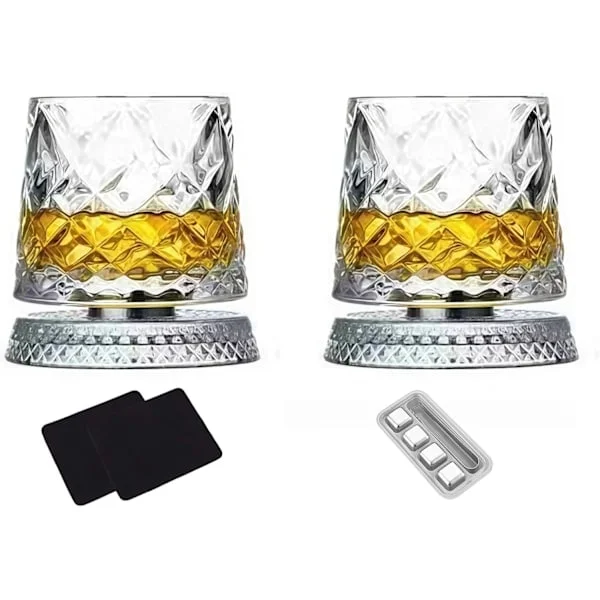 360° roterande whiskyglas, unikt snurrande Old Fashioned whiskyglas med bas, diamanttexturerat vinglas, för fester, barer