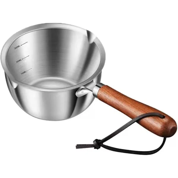 Smørvarmer, melkevarmer i rustfritt stål, mini smeltedigel med doble tuter, for komfyrtopp (300 ml)