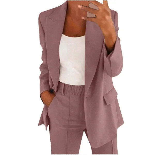 [RM] Women's 2-Piece Suit - Blazer Set Elegant Business Workwear Vintage Classic Solid Color Ruched Sleeve Open Front Suit Jacket and Straight Leg 