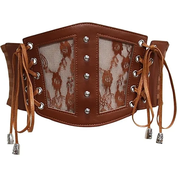 Women's Corset Belt-S (Khaki) Lace Leather Corset Lacing Elastic Belt Retro Cinch Belt
