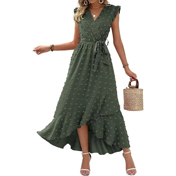 Dam V-ringad Sommarklänning 2025 Kortärmad Swiss Dot Boho Flowy Ruffle Slit Strandfest Lång Maxiklänning Cocktailklänningar