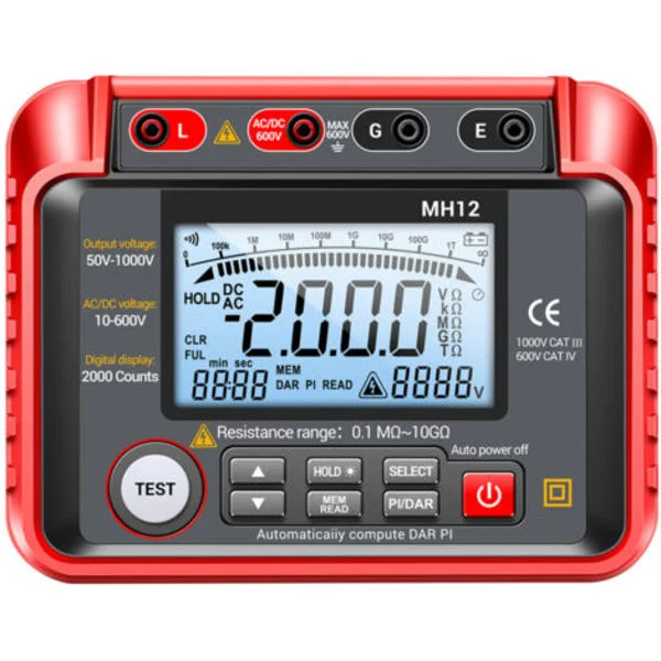 MH12 1000V digitaalinen eristysvastusmittari – Mittausalue 0,1 MΩ - 20 GΩ – 2000 lukeman LCD-näyttö – IP54 vedenkestävä