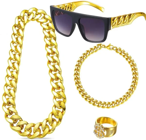 Hiphop-kostymset för män, rapartisttillbehör hippie-kostymset guldkedja dollartecken halsband ring och svarta guldsolglasögonset, discokläder 