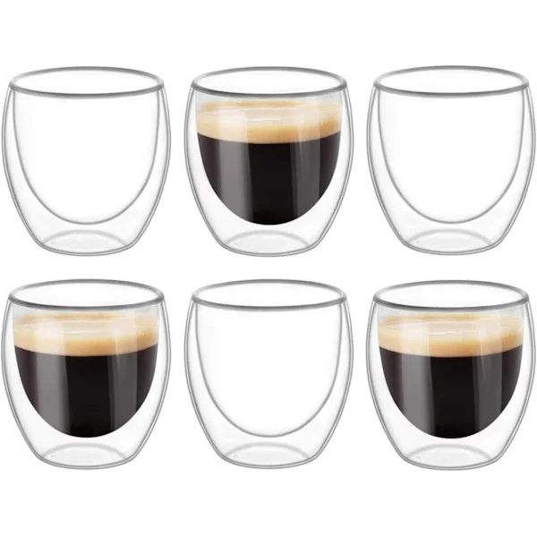6 KPL Kaksiseinäiset kupit lasit mukit, kirkkaat kaksiseinäiset kahvikupit, kaksiseinäiset, cappuccino, latte ja eristetyt (80 ml)