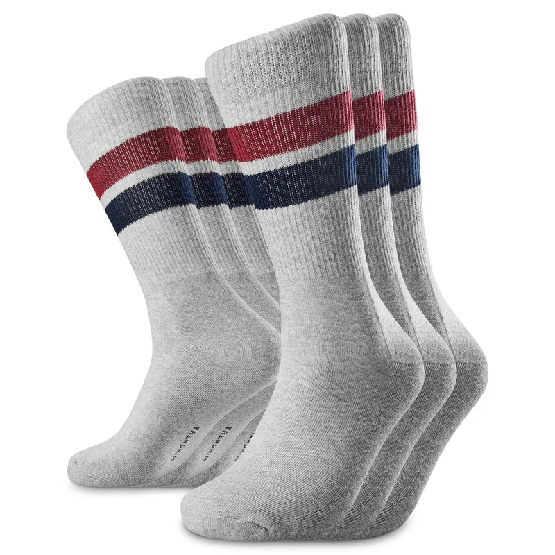 TrueFeel | 3-Pack Light Grey Cotton Tennis Socks with Red & Blue Stripes for Men - Crew Socks