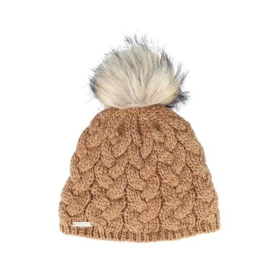 Seeberger Damen Braun pom Mütze - Knit In Cable Pattern Nutmeg Brown Pom - One Size Strick Zopfmuster Hatstore