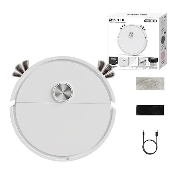 Rechargeable Mini Robot Vacuum Cleaner with Mop, Compact Floor Cleaning Machine White
