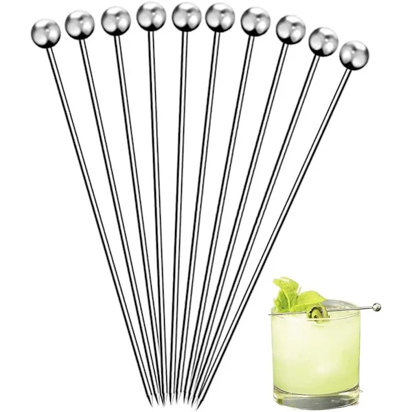 Cocktailpinner, 10 stk Gjenbrukbare Frukt Tannpirkere Fargerike Cocktailpinner Forrett for Barfester og Klubber (Sølv)