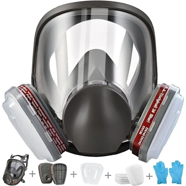 Reusable Full Face Mask. Face Protection Respirator with 10 Replacement Filters and 5 Pairs of Gloves for Paint, Particles, Dust, and Chemicals.
