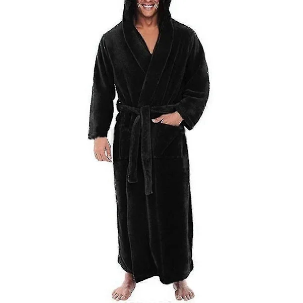 Varm fleece morgenkåbe med hætte til mænd, lang badekåbe i frotté