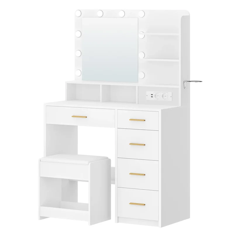 AliExpress - Kaptafel met 10 LED-lichtballen, 3 kleuren, kaptafel met stekker en grote spiegel, kruk en haardrogerhouder, wit