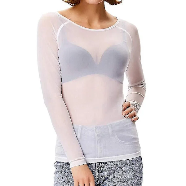 Jul Kvinder Gennemsigtig Langærmet Sømløs Armformer Top Mesh Skjorte Bluse Hvid Hvid