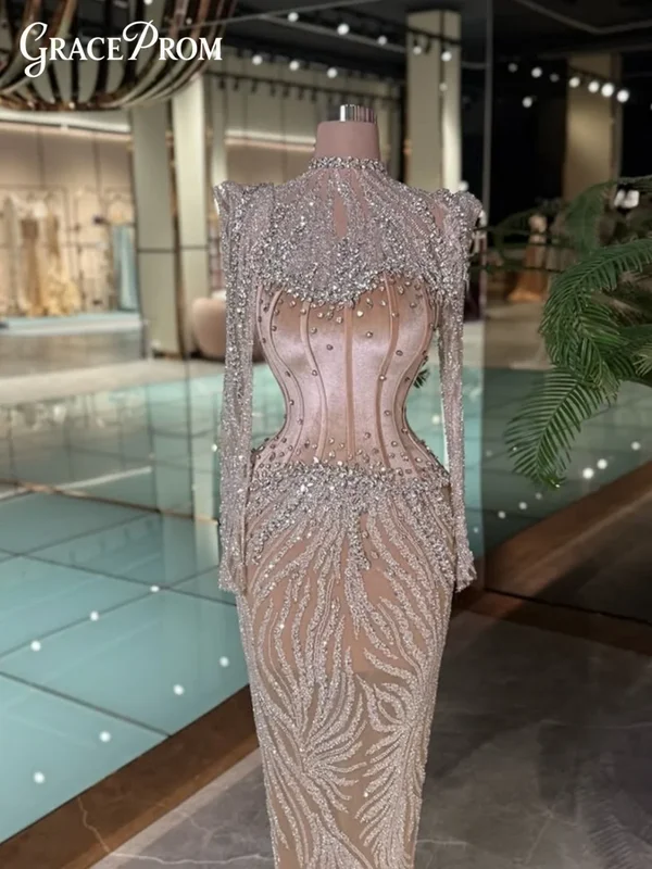 AliExpress - Dramatisches Abendkleid mit hohem Kragen, verführerisches, perlenbesetztes Abendkleid, transparente Ärmel, glitzerndes formelles 
