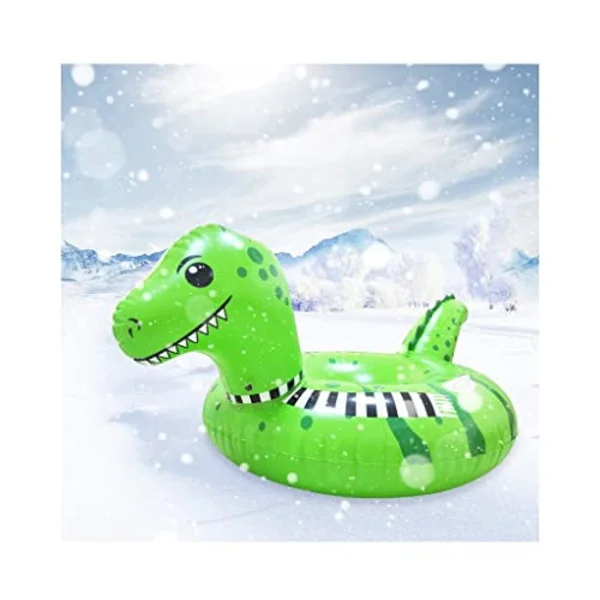 Oppblåsbar kjelke med dinosaurtema for barn, morsomt vinterleketøy for snørike bakkeeventyr, levende grønn design