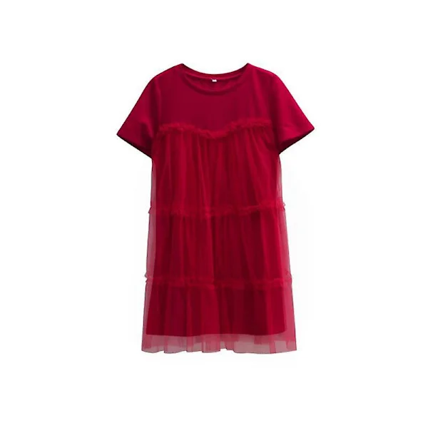 Mesh Panel Dam Sommar Elegant Rund Hals Kort Ärm Enfärgad Lös Klänning