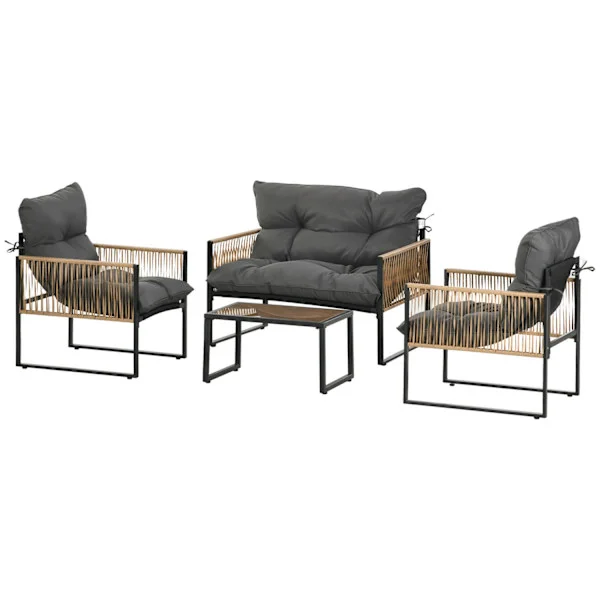 4-delad trädgårdsmöbler i rotting med kuddar, trädgårdssittgrupp, 1 soffbord i glas, 2 fåtöljer, 1 dubbelsoffa, elegant sittgrupp