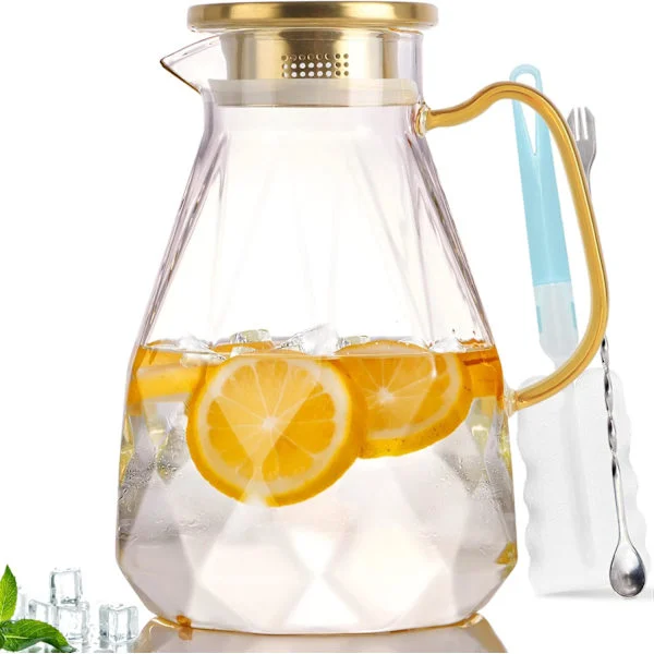 Glasbeholder med låg, glaskande, glaskaraffel med låg, vandkande af borosilikatglas, iste-kande, 1,5 liter