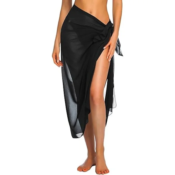 (Svart-Lång) Dam Lång Sarong Baddräkt Överdrag Sommar Strand Bikini Omlott Transparent Kort Kjol Halsduk Kompatibel med Badkläder Överdrag